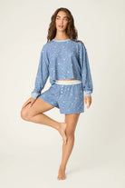Boyfriend Boxer Moon & Stars PJ Short Set | Peachy Soft Waffle Knit | PJ Salvage women's relaxed pj set with shorts and boxer style shorts with pj salvage printed waistband full view showing the 4" inseam of the shorts