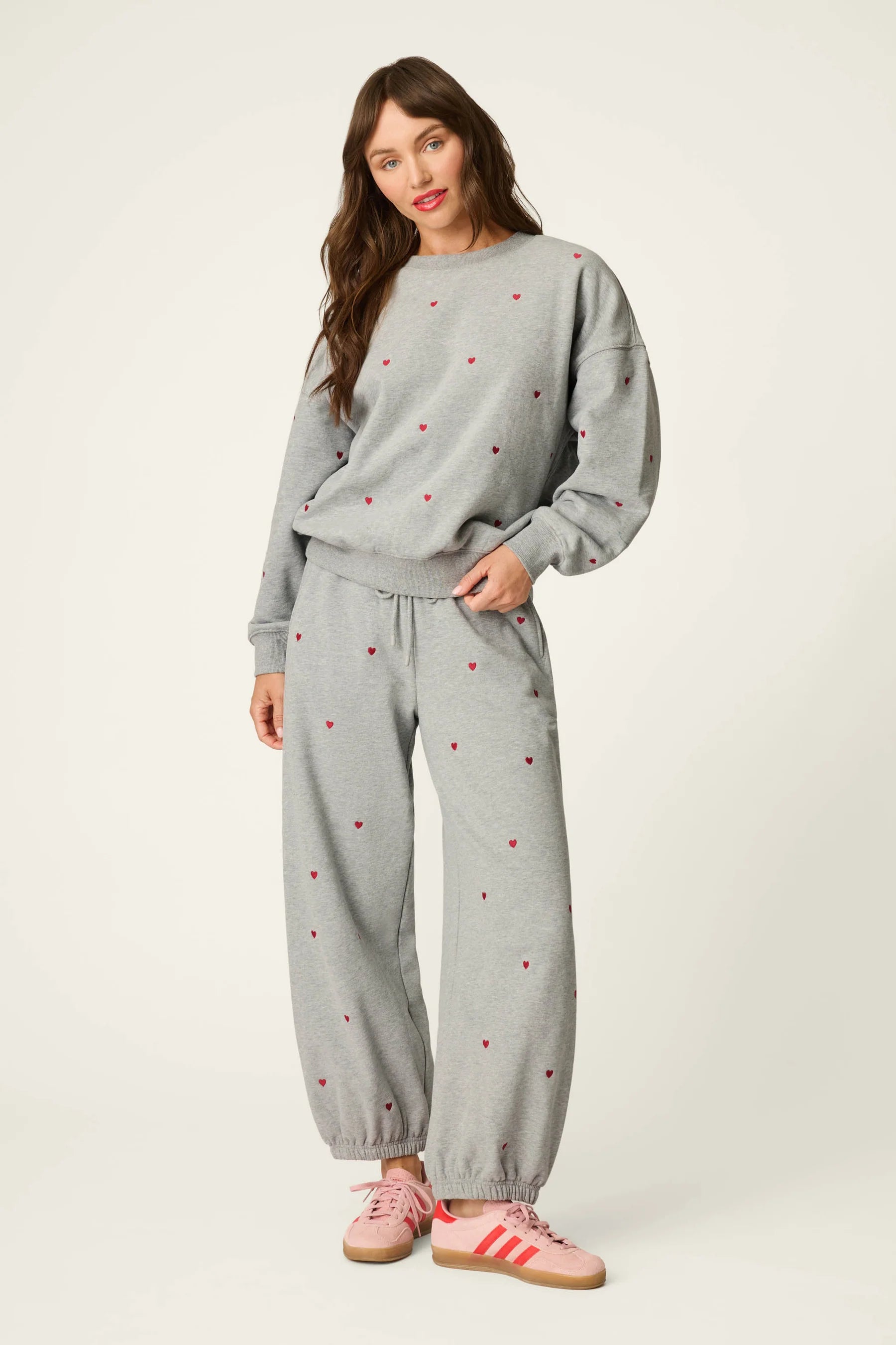 PJ Salvage C'est La Vie Hearts sweatshirt front view model — Cloud Nine Pajamas