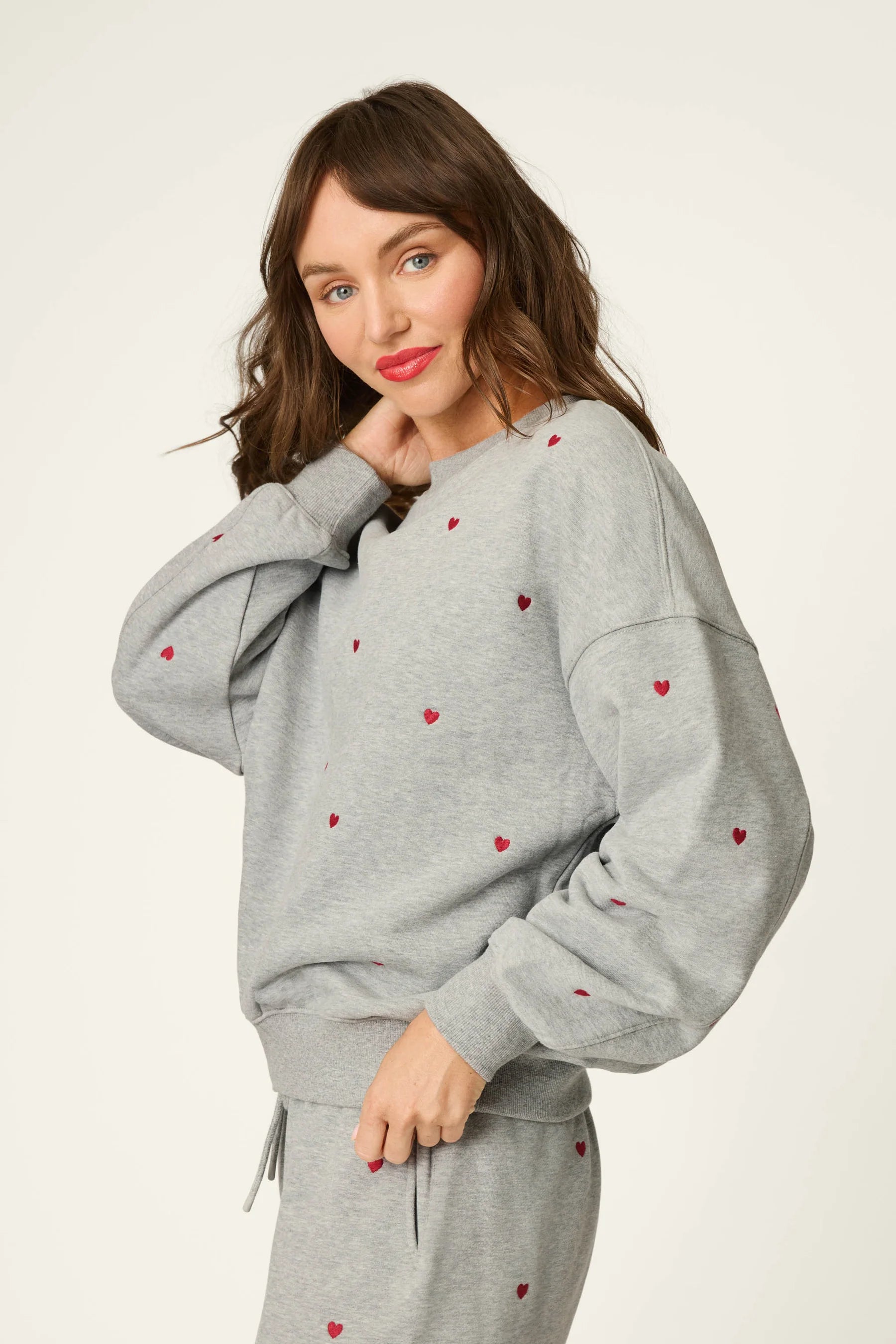 PJ Salvage C'est La Vie Hearts sweatshirt model side view — Cloud Nine Pajamas Edmonton