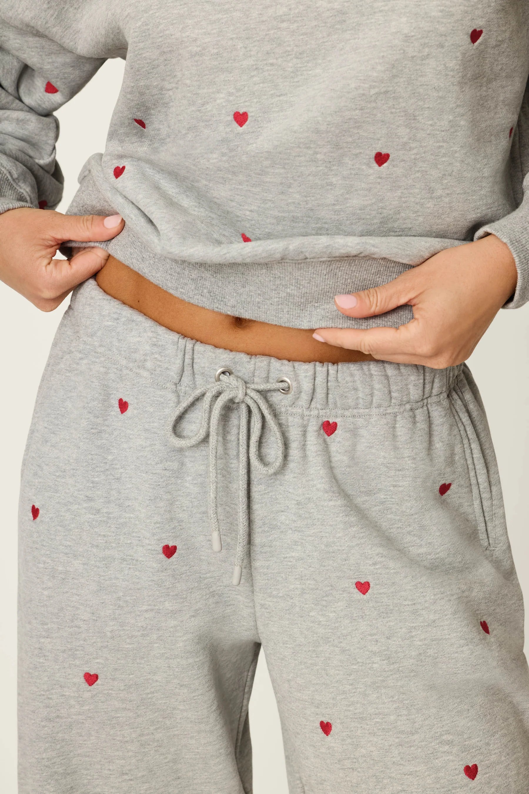 PJ Salvage C'est La Vie Hearts sweatpants model detail — Cloud Nine Pajamas