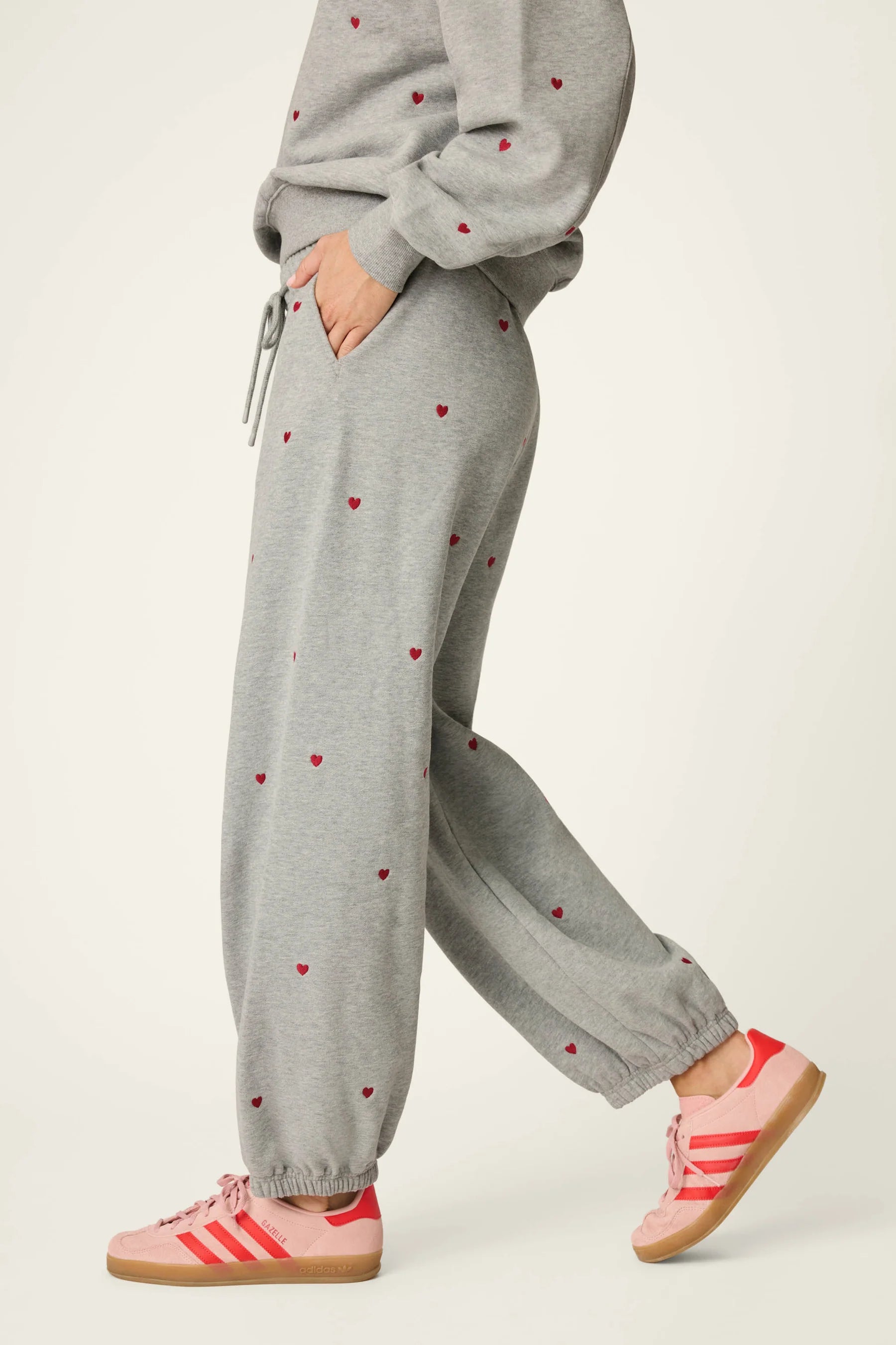 PJ Salvage C'est La Vie Hearts sweatpants side view showing banded hem — Cloud Nine Pajamas