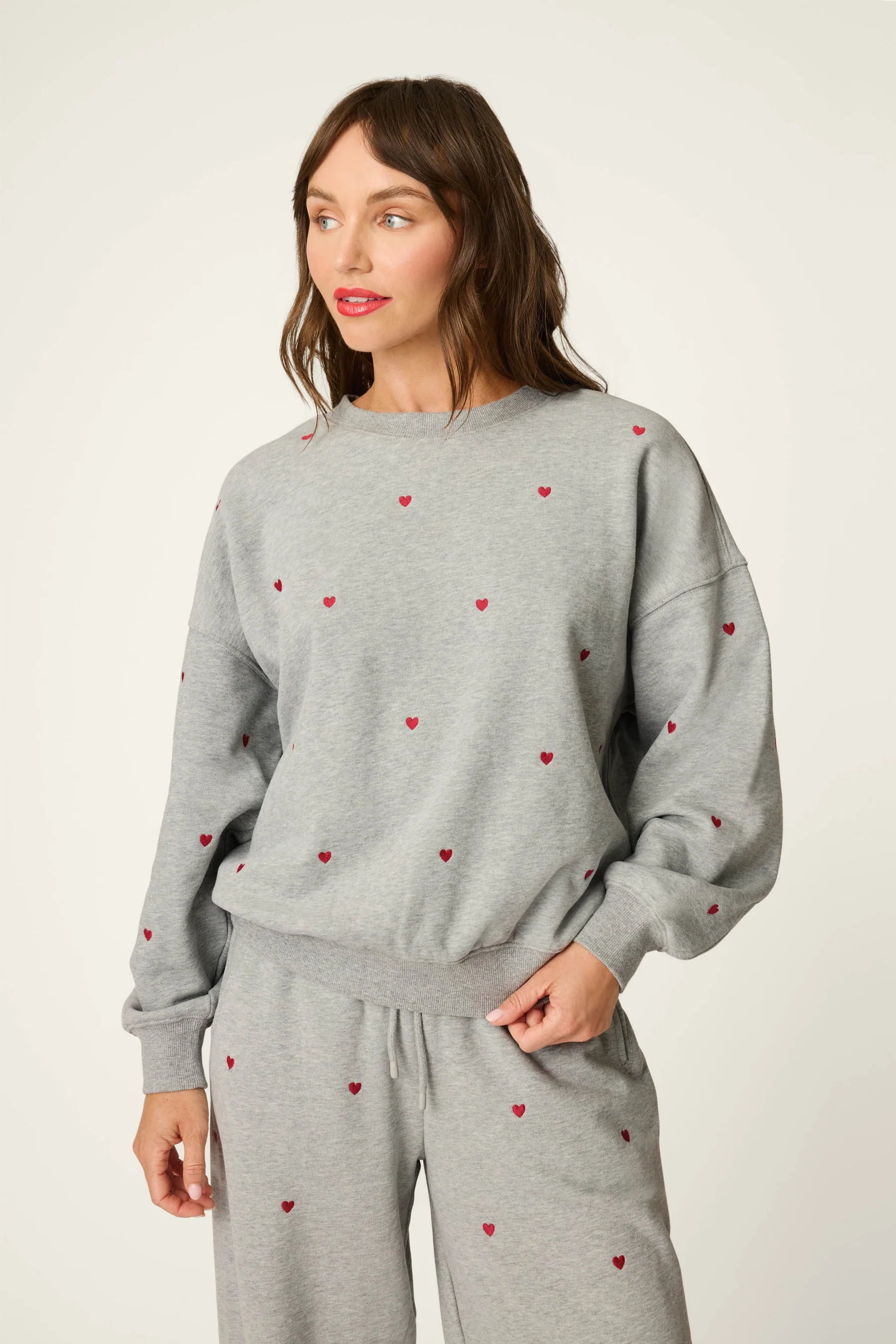 PJ Salvage C'est La Vie Hearts French Terry Lounge Set grey full set front view — Cloud Nine Pajamas Edmonton