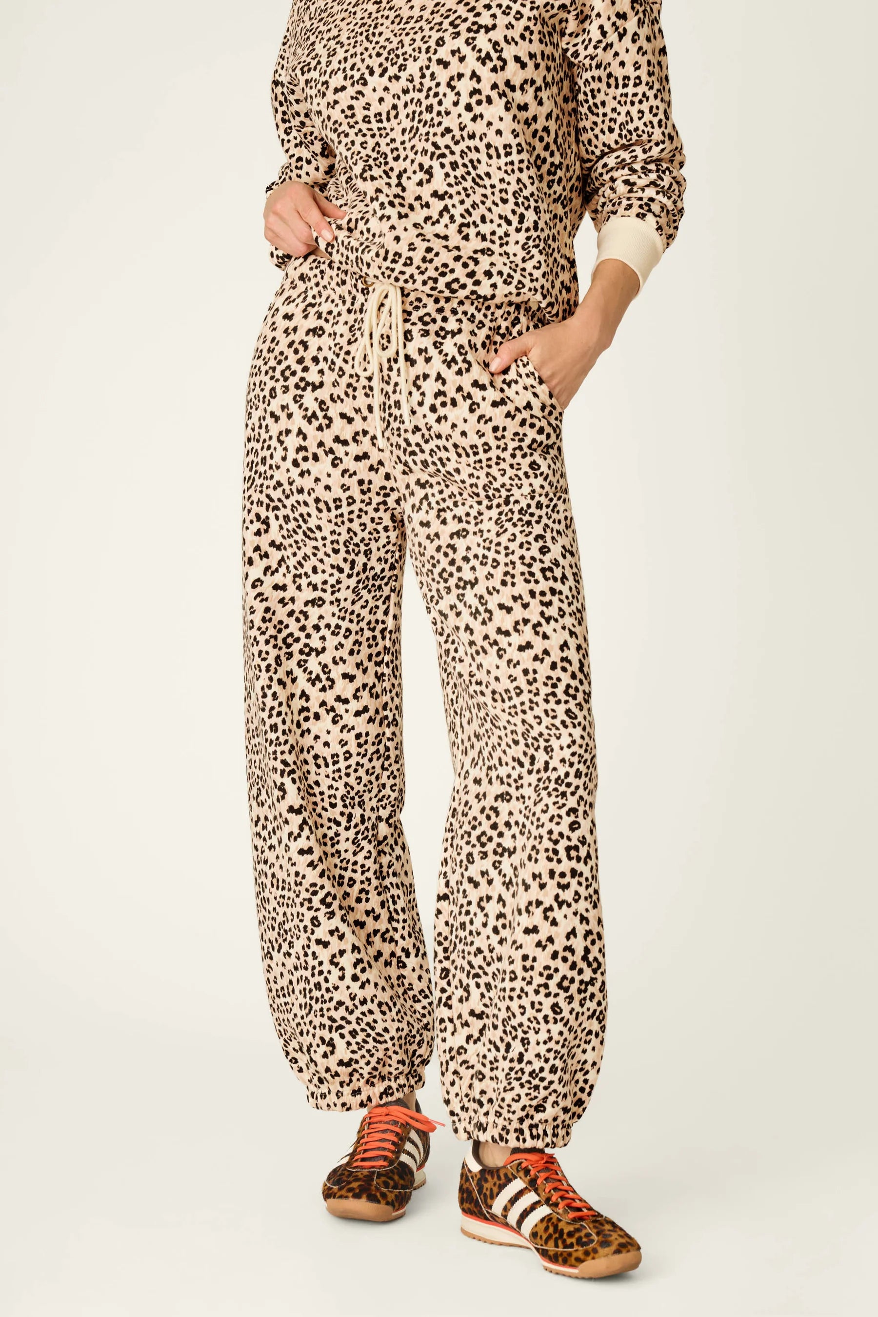 PJ Salvage C'est La Vie Leopard sweatpants model front view — Cloud Nine Pajamas Edmonton