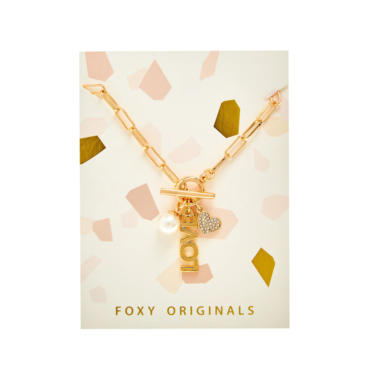 Foxy Originals PSILY Love Charm Necklace Gold on card — Cloud Nine Pajamas Edmonton
