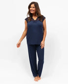 women's navy top and jogger pajama set with lace detail nora rose by cyberjammies