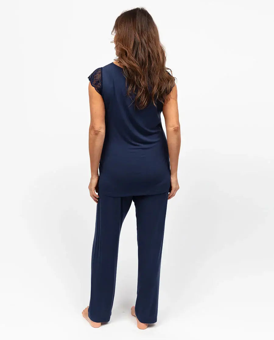 women's navy top and jogger pajama set with lace detail nora rose by cyberjammies