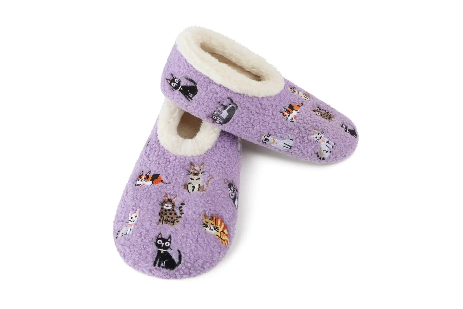 Snoozies Mini Embroidery Slipper Socks Mini Cats Purple embroidered cat motifs side view — Cloud Nine Pajamas Edmonton