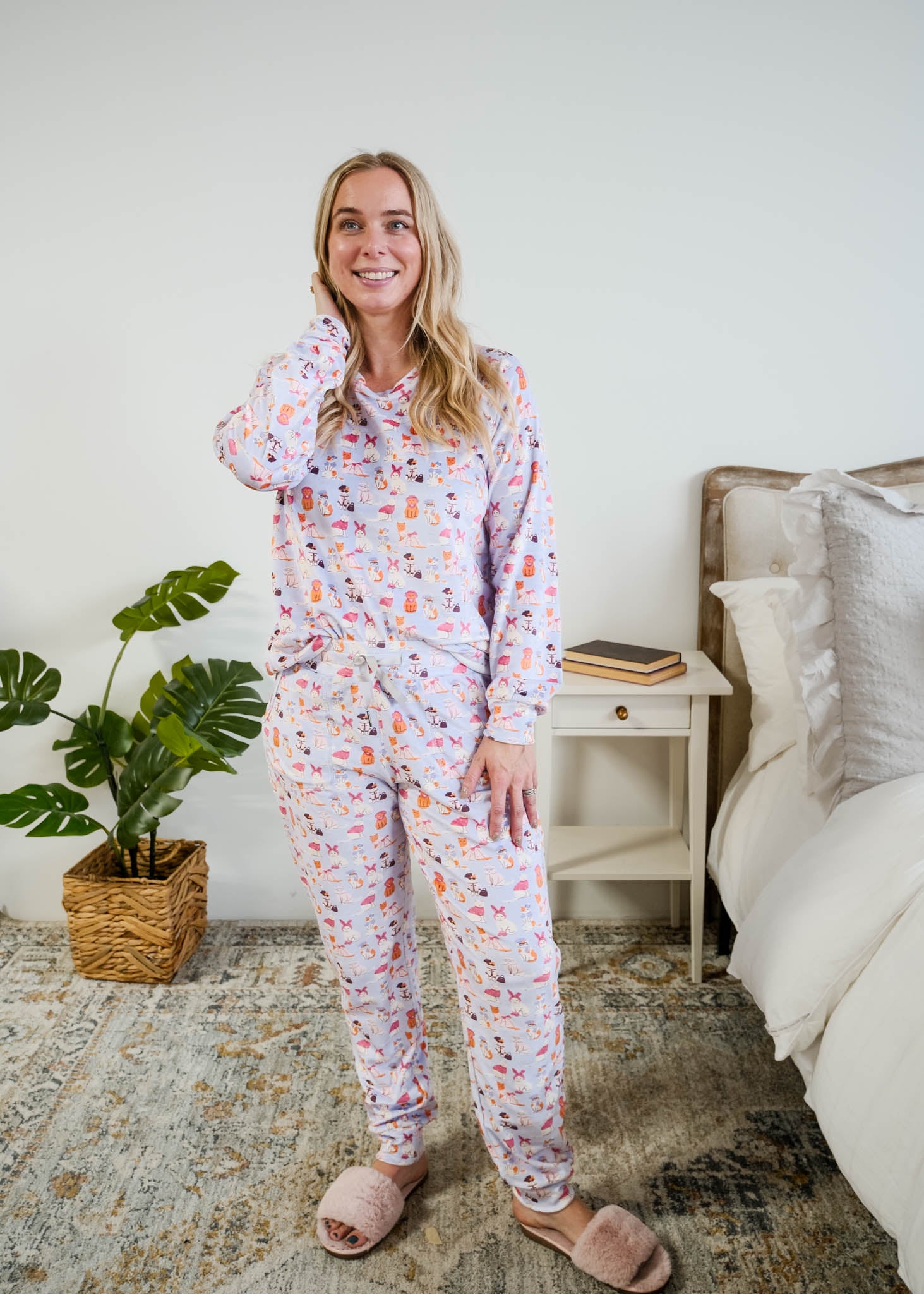 Full length Miranda Nic women's purple velour long sleeve top and jogger pants set featuring Catwalk Kitties cat print - Cloud Nine Pajamas