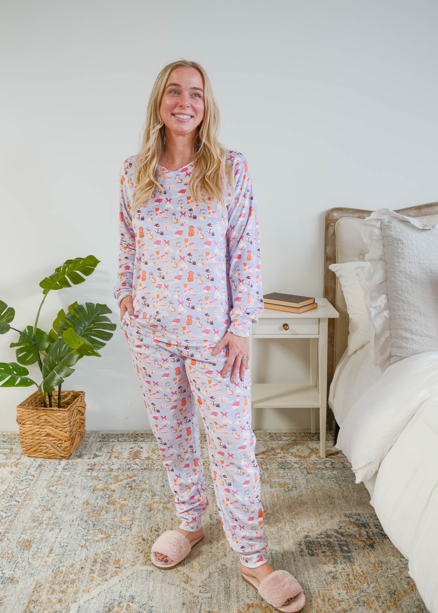 Untucked view of Miranda Nic women's purple velour long sleeve top and jogger pants set featuring Catwalk Kitties cat print - Cloud Nine Pajamas