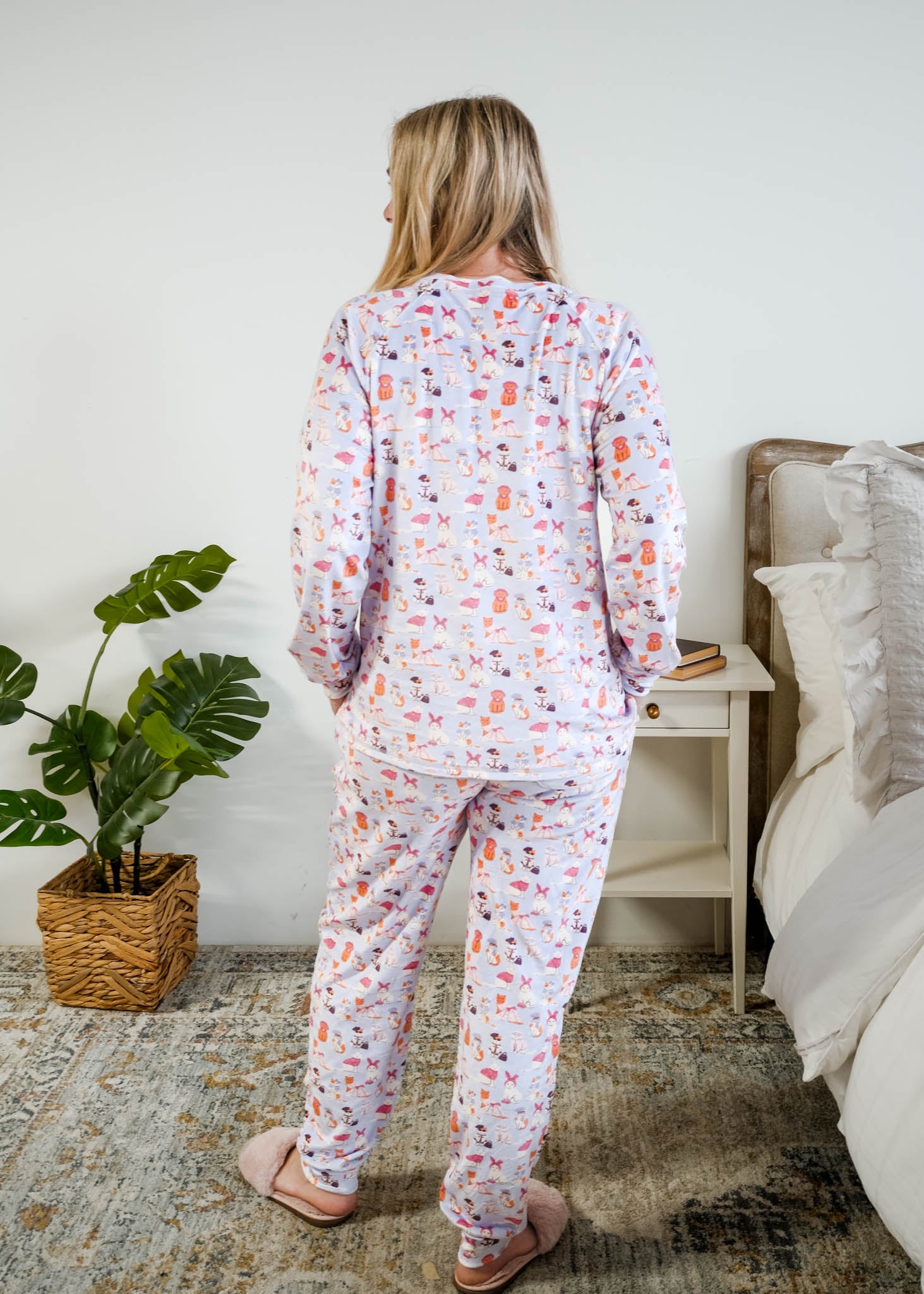 Back full length view of Miranda Nic women's purple velour long sleeve top and jogger pants set featuring Catwalk Kitties cat print- Cloud Nine Pajamas