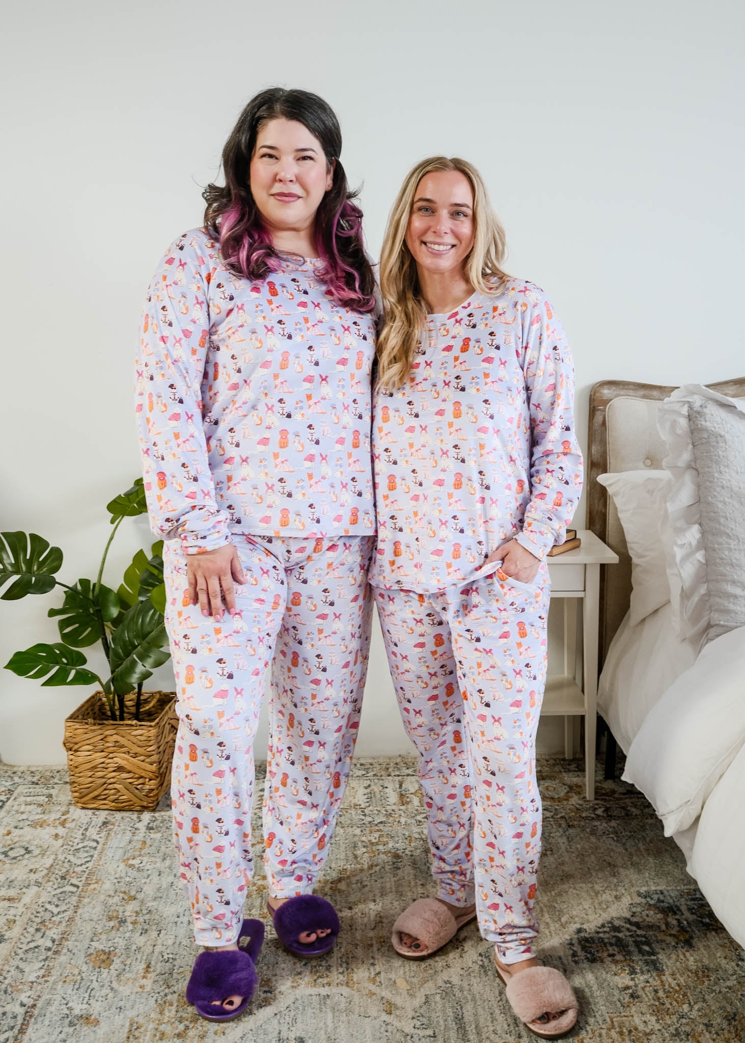 Miranda Nic women's purple velour long sleeve top and jogger pants set featuring Catwalk Kitties cat print - Cloud Nine Pajamas