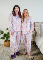 Miranda Nic women's purple velour long sleeve top and jogger pants set featuring Catwalk Kitties cat print - Cloud Nine Pajamas