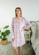 Front full length view of Miranda Nic women's purple velour long sleeve nightshirt sleep dress featuring Catwalk Kitties print - Cloud Nine Pajamas.