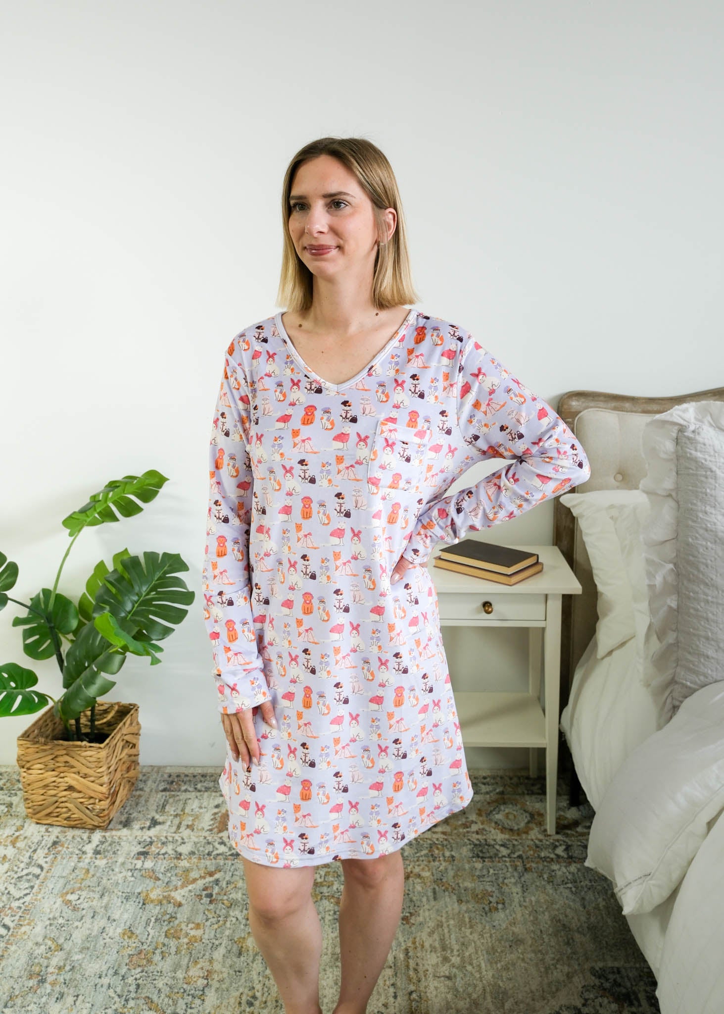 Front full length view of Miranda Nic women's purple velour long sleeve nightshirt sleep dress featuring Catwalk Kitties print - Cloud Nine Pajamas.