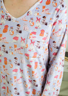 Close up of the Miranda Nic women's purple velour long sleeve nightshirt sleep dress featuring Catwalk Kitties print - Cloud Nine Pajamas.