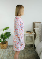 Side View full length on model of Miranda Nic women's purple velour long sleeve nightshirt sleep dress featuring Catwalk Kitties print - Cloud Nine Pajamas.