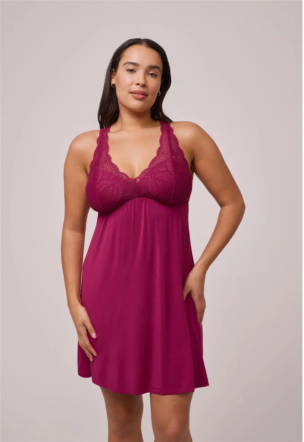 Fleur't Belle Epoque Full Bust Chemise Dark Cherry front view on model — Cloud Nine Pajamas Edmonton