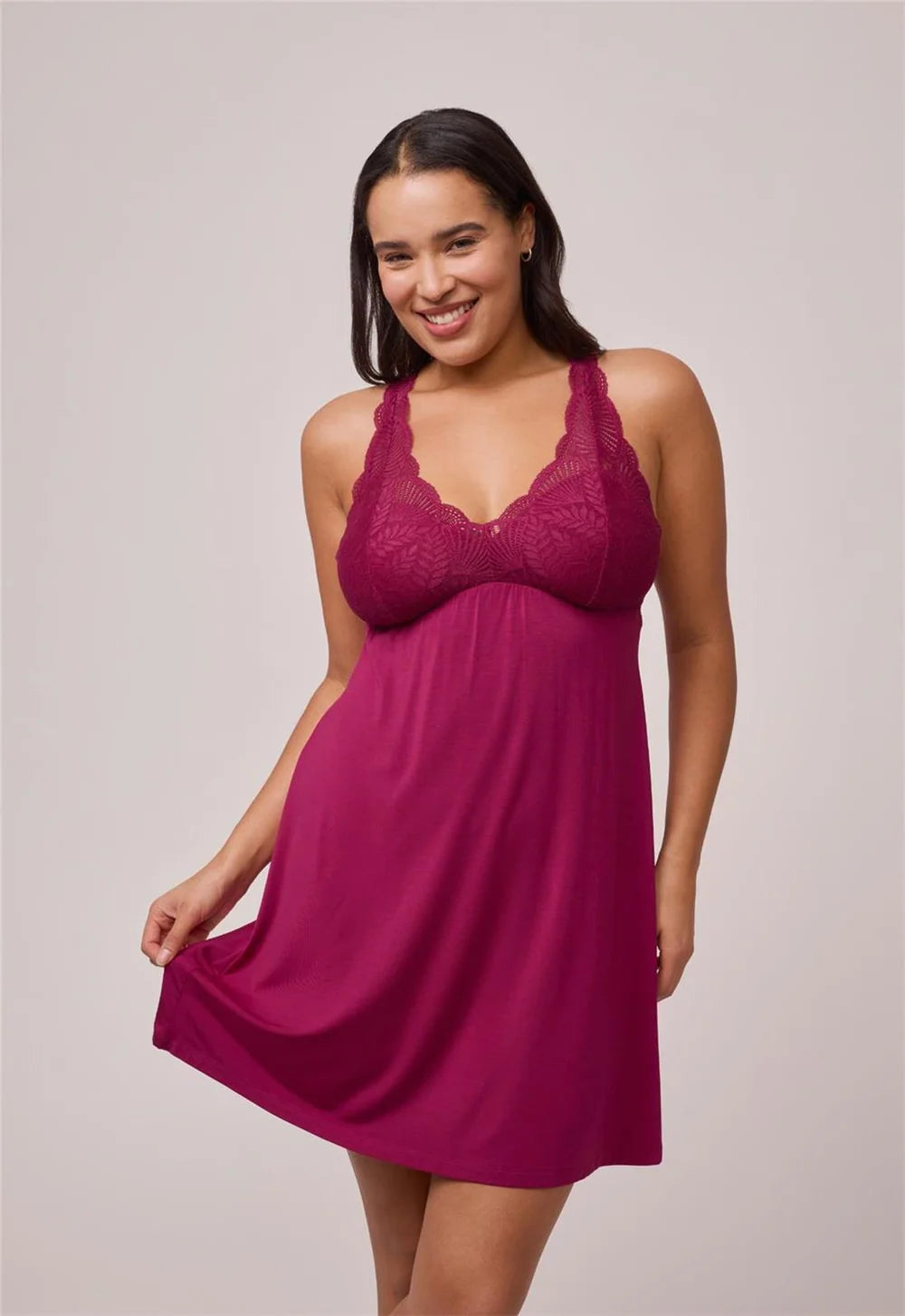 Fleur't Belle Epoque Full Bust Chemise Dark Cherry full length on model — Cloud Nine Pajamas Edmonton
