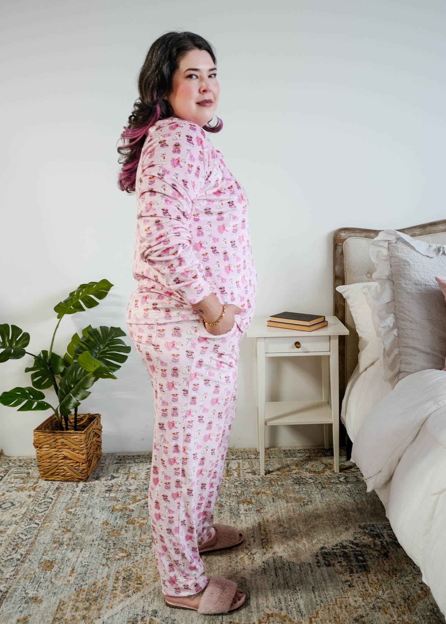 Miranda Nic women's pink velour long sleeve top and jogger pants loungewear set featuring Chic Puppies dog print - side profile on plus size Model - Cloud Nine pajamas
