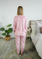Back view on model of Miranda Nic women's pink velour long sleeve top and jogger pants loungewear set featuring Chic Puppies dog print - Cloud Nine Pajamas