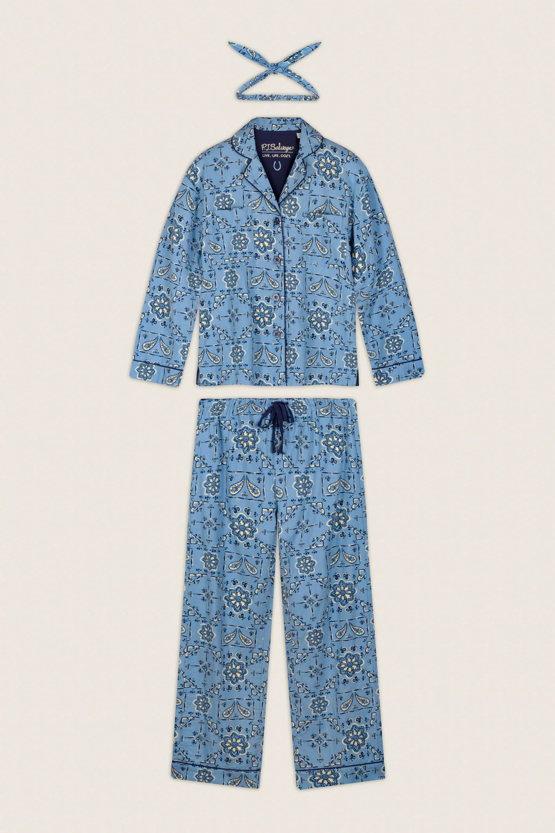 PJ Salvage Classic Paisley Bandana Flannel PJ Set full set layout with hair wrap — Cloud Nine Pajamas Edmonton