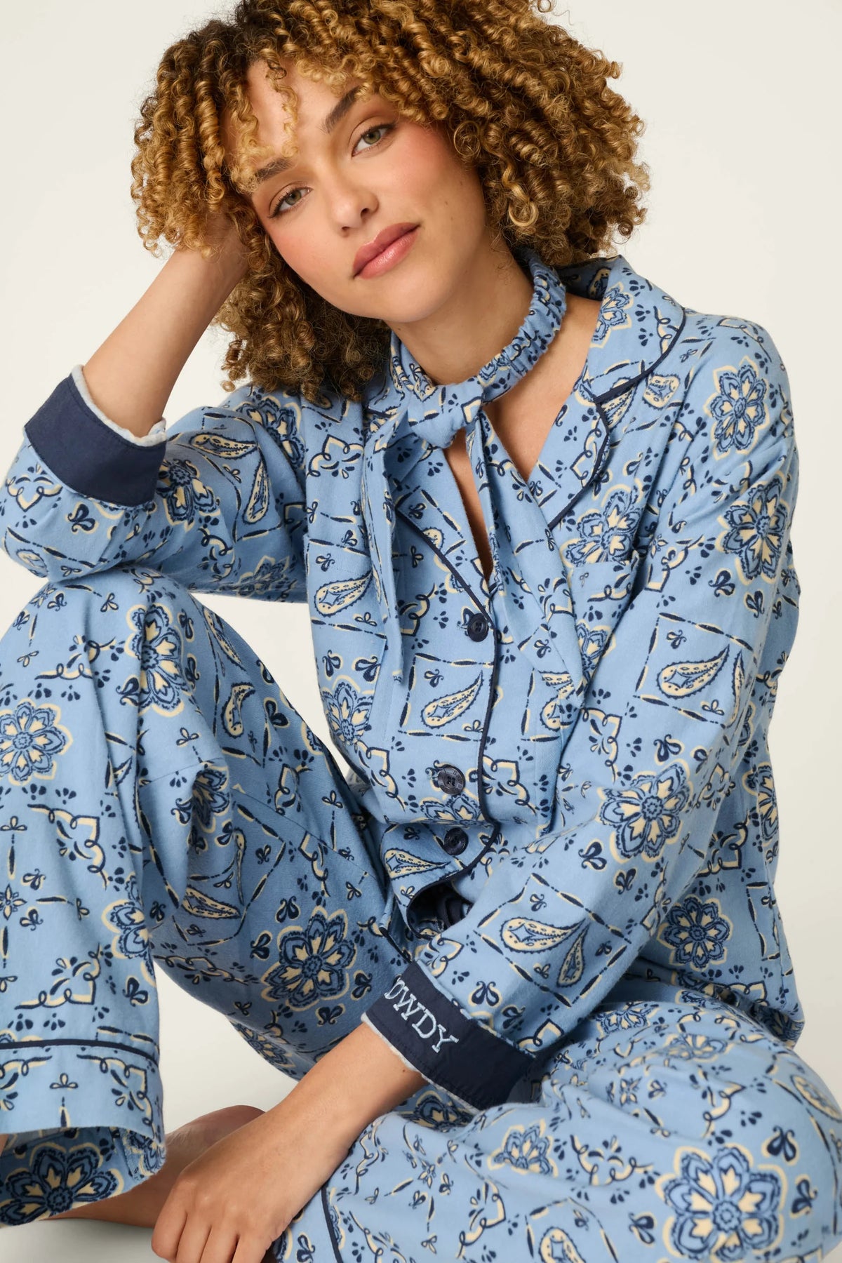 PJ Salvage Classic Paisley Bandana Flannel PJ Set model full length — Cloud Nine Pajamas Edmonton