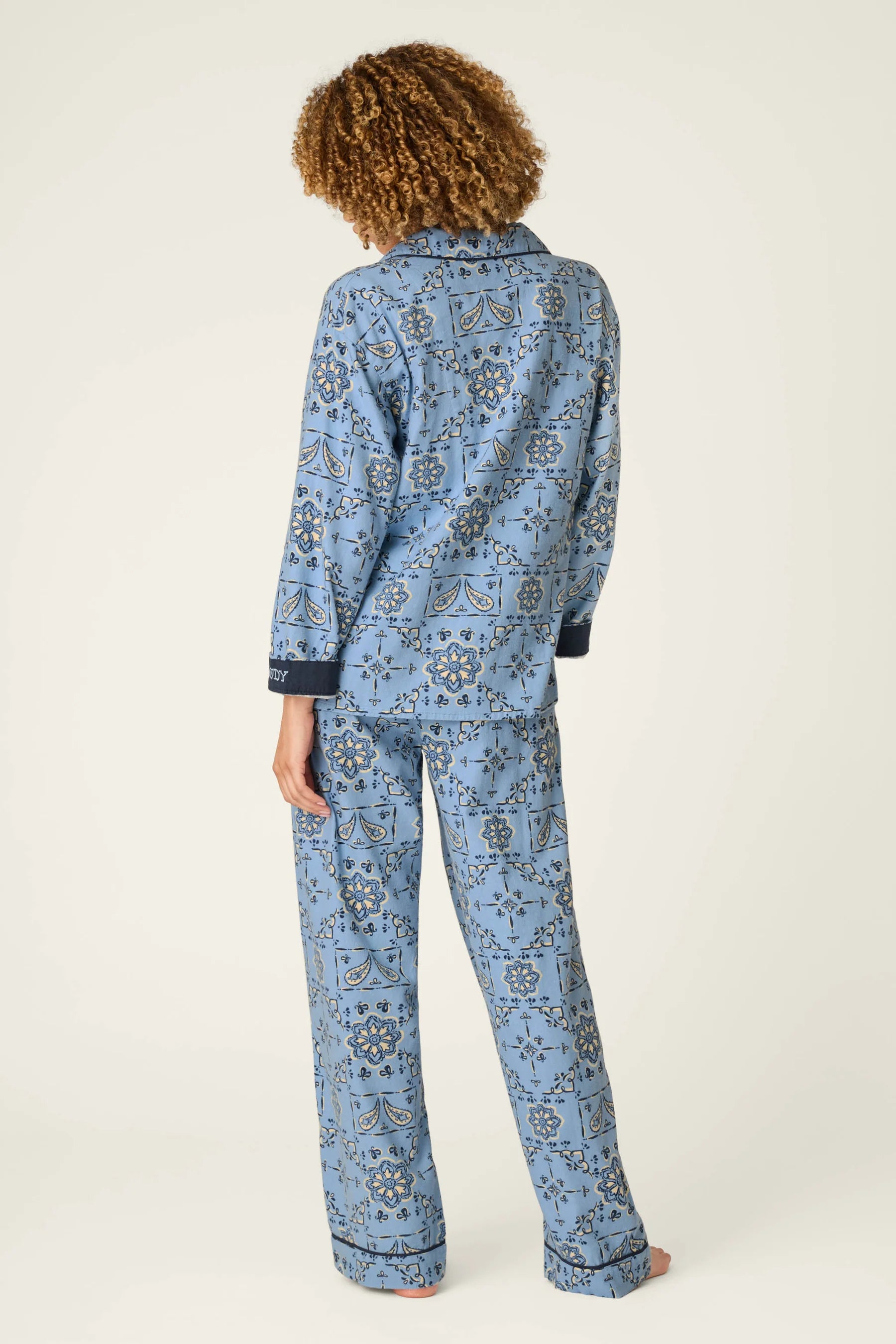 PJ Salvage Classic Paisley Bandana Flannel PJ Set model back view — Cloud Nine Pajamas Edmonton