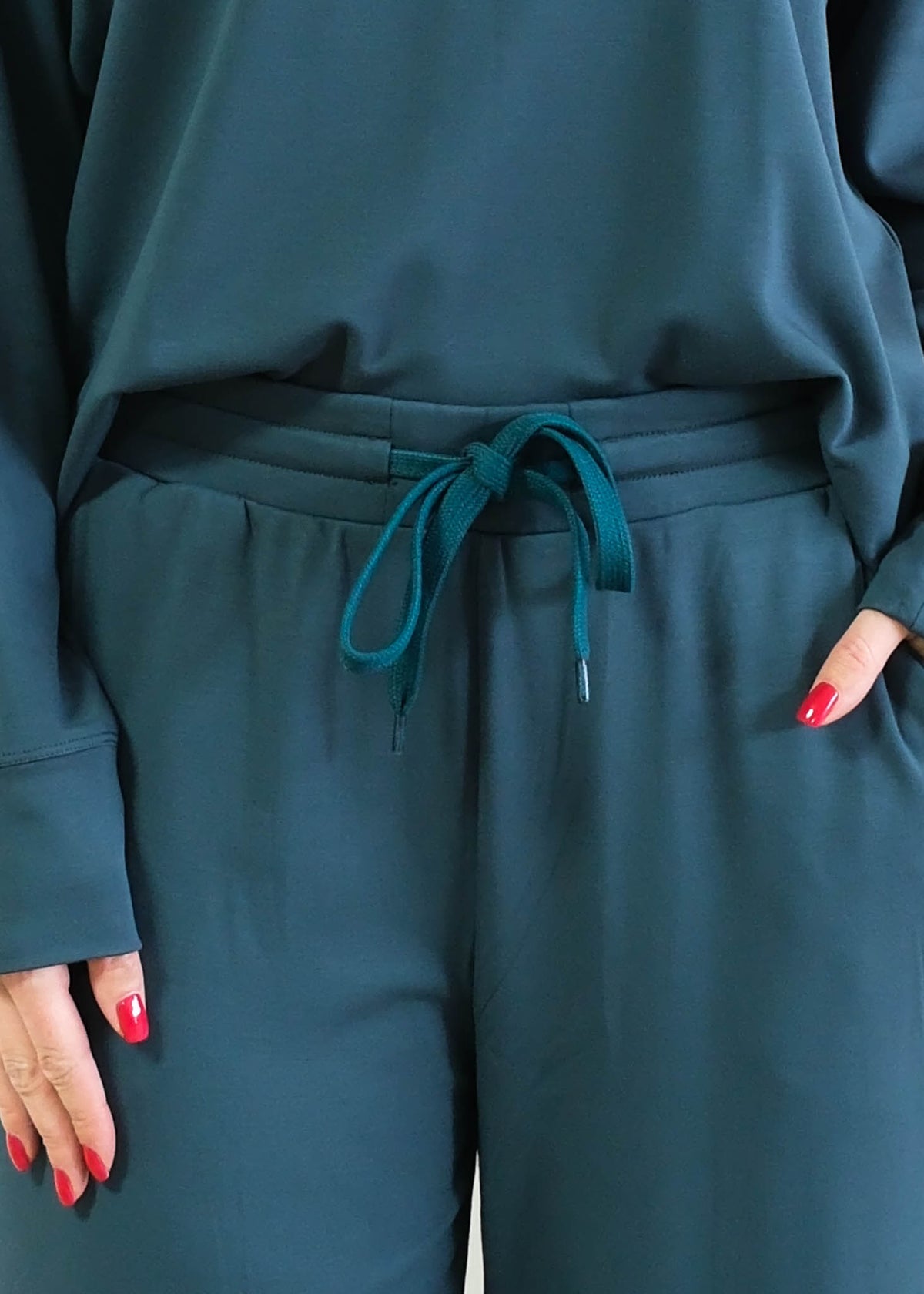 Miranda Nic Cloud Soft Teal Lounge Set waistband matching drawstring pocket close-up — Cloud Nine Pajamas Edmonton
