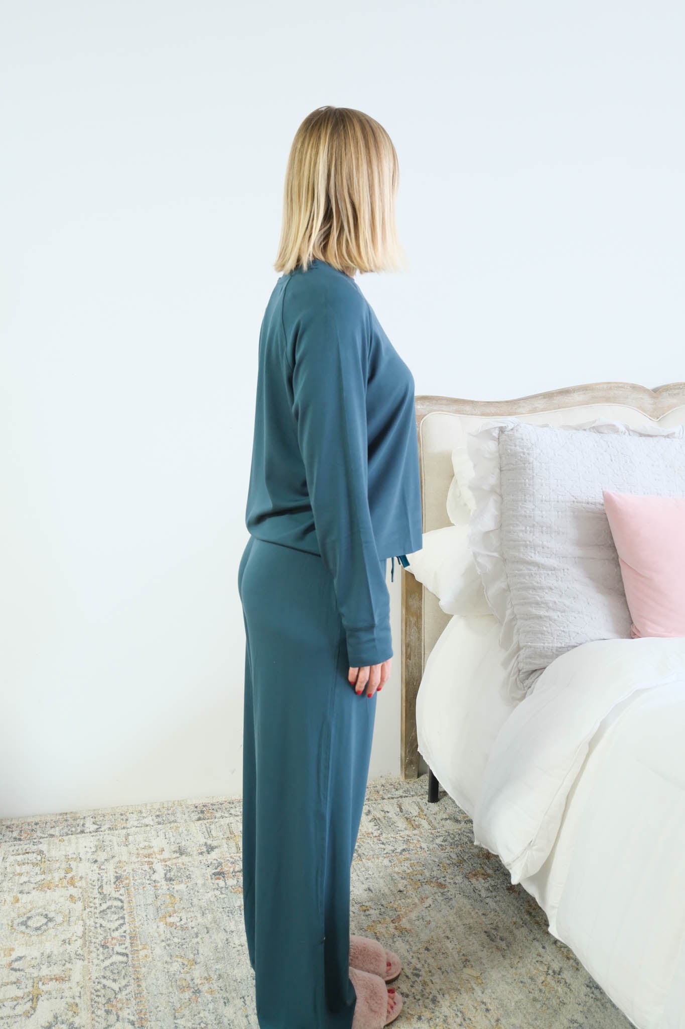 Miranda Nic Cloud Soft Teal Lounge Set side view raglan top raw edge hem length — Cloud Nine Pajamas Edmonton