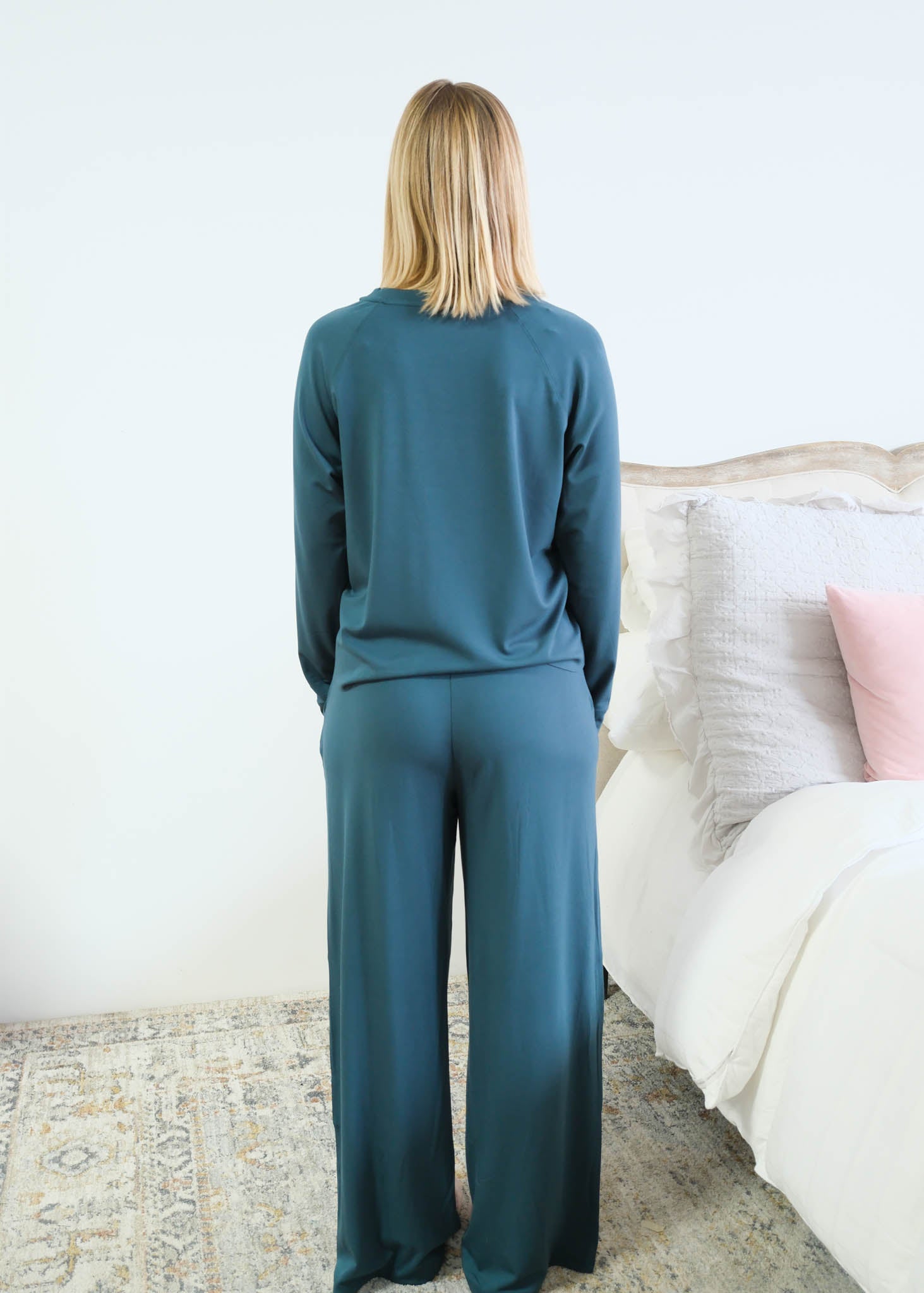 Miranda Nic Cloud Soft Teal Bamboo Lounge Set back view — Cloud Nine Pajamas Edmonton