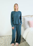 Miranda Nic Cloud Soft Raw Edge Bamboo Lounge Set Teal front view raw hem detail — Cloud Nine Pajamas Edmonton