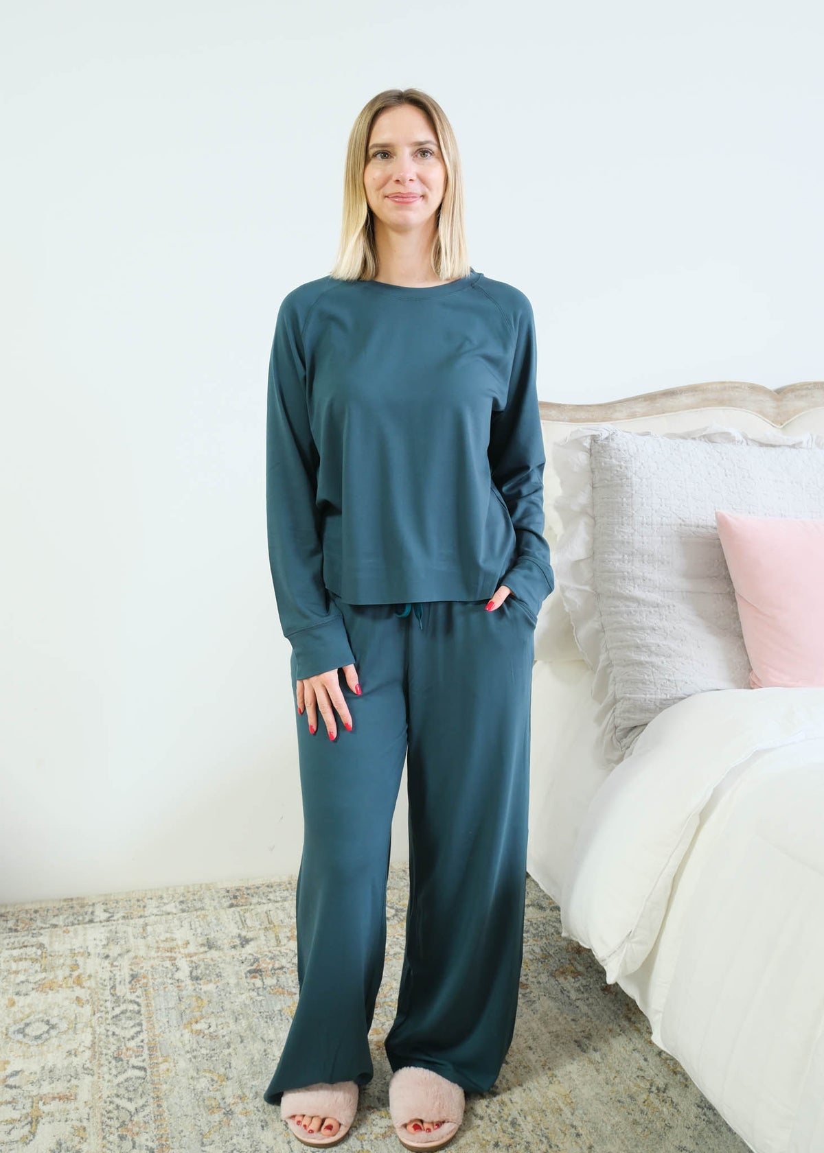 Miranda Nic Cloud Soft Raw Edge Bamboo Lounge Set Teal front view raw hem detail — Cloud Nine Pajamas Edmonton