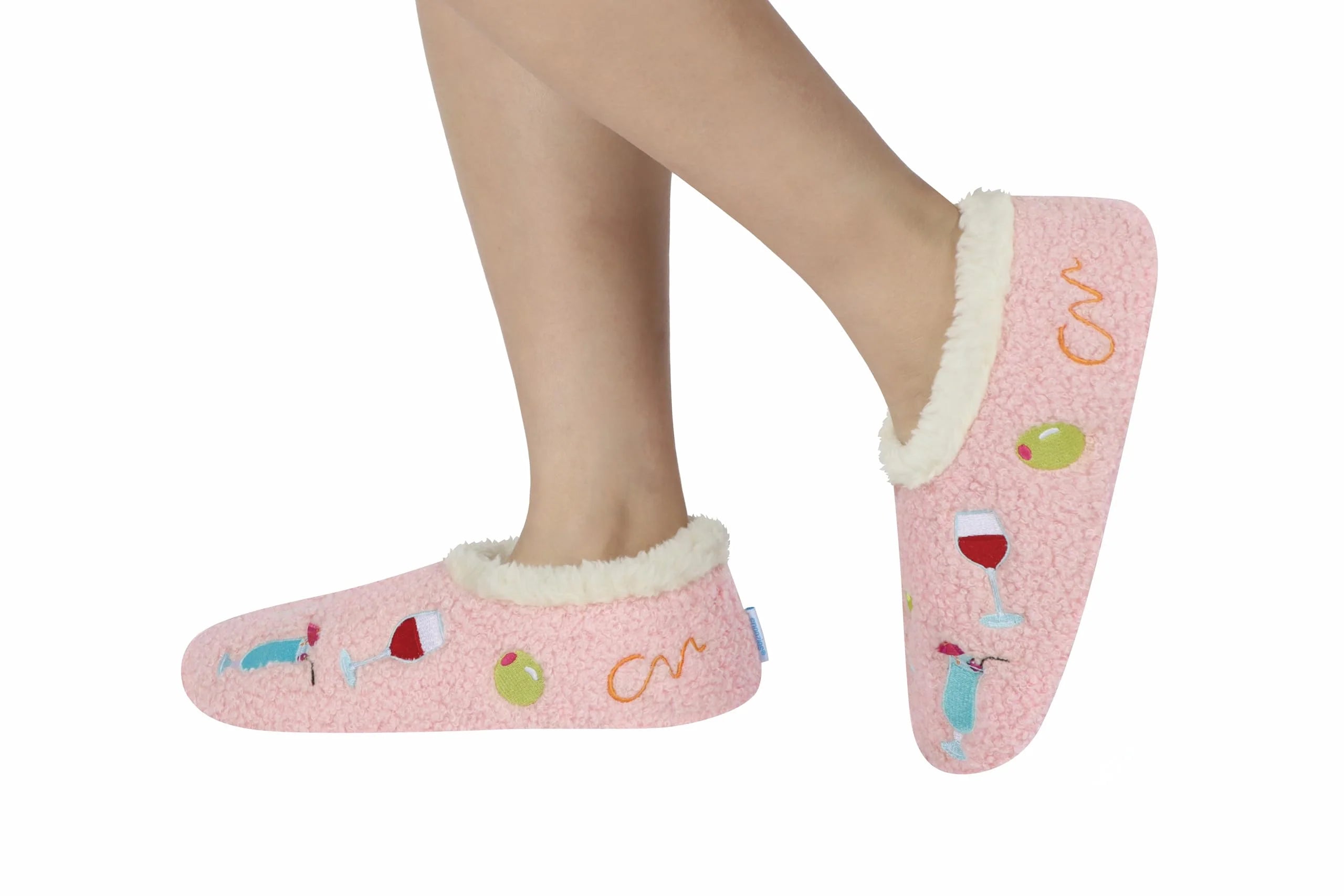 Snoozies Mini Embroidery Slipper Socks Mini Cocktails lifestyle on feet — Cloud Nine Pajamas Edmonton