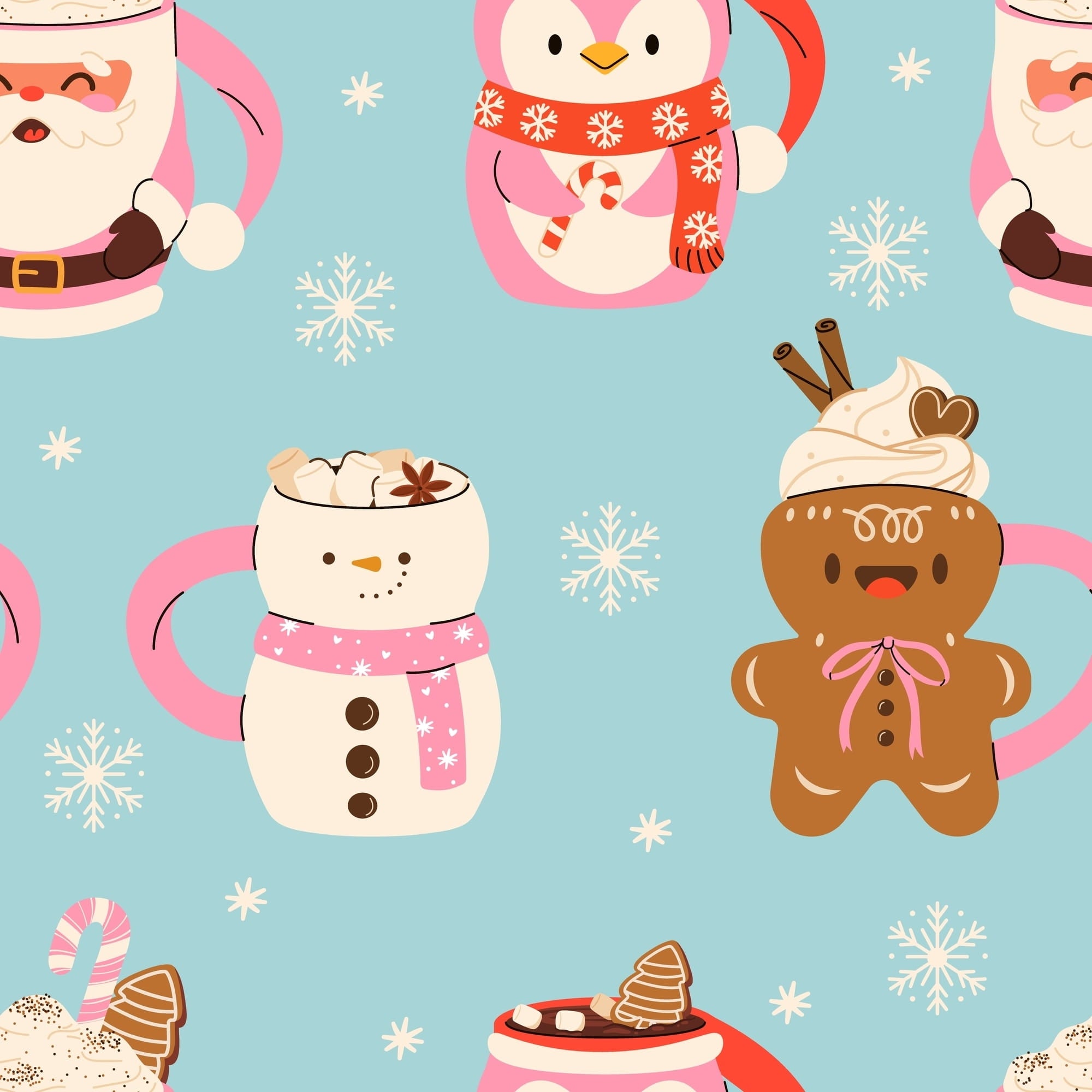 Miranda Nic Coffee and Cocoa blue velour fabric swatch with brown, pink and white holiday mugs like santa, snowman, gingerbread cookies — Cloud Nine Pajamas Edmonton