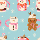 Miranda Nic Coffee and Cocoa blue velour fabric swatch with brown, pink and white holiday mugs like santa, snowman, gingerbread cookies — Cloud Nine Pajamas Edmonton