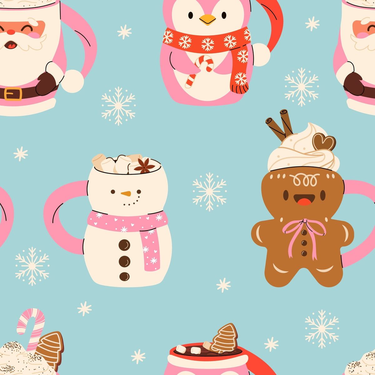 Miranda Nic Coffee and Cocoa blue velour fabric swatch with brown, pink and white holiday mugs like santa, snowman, gingerbread cookies — Cloud Nine Pajamas Edmonton