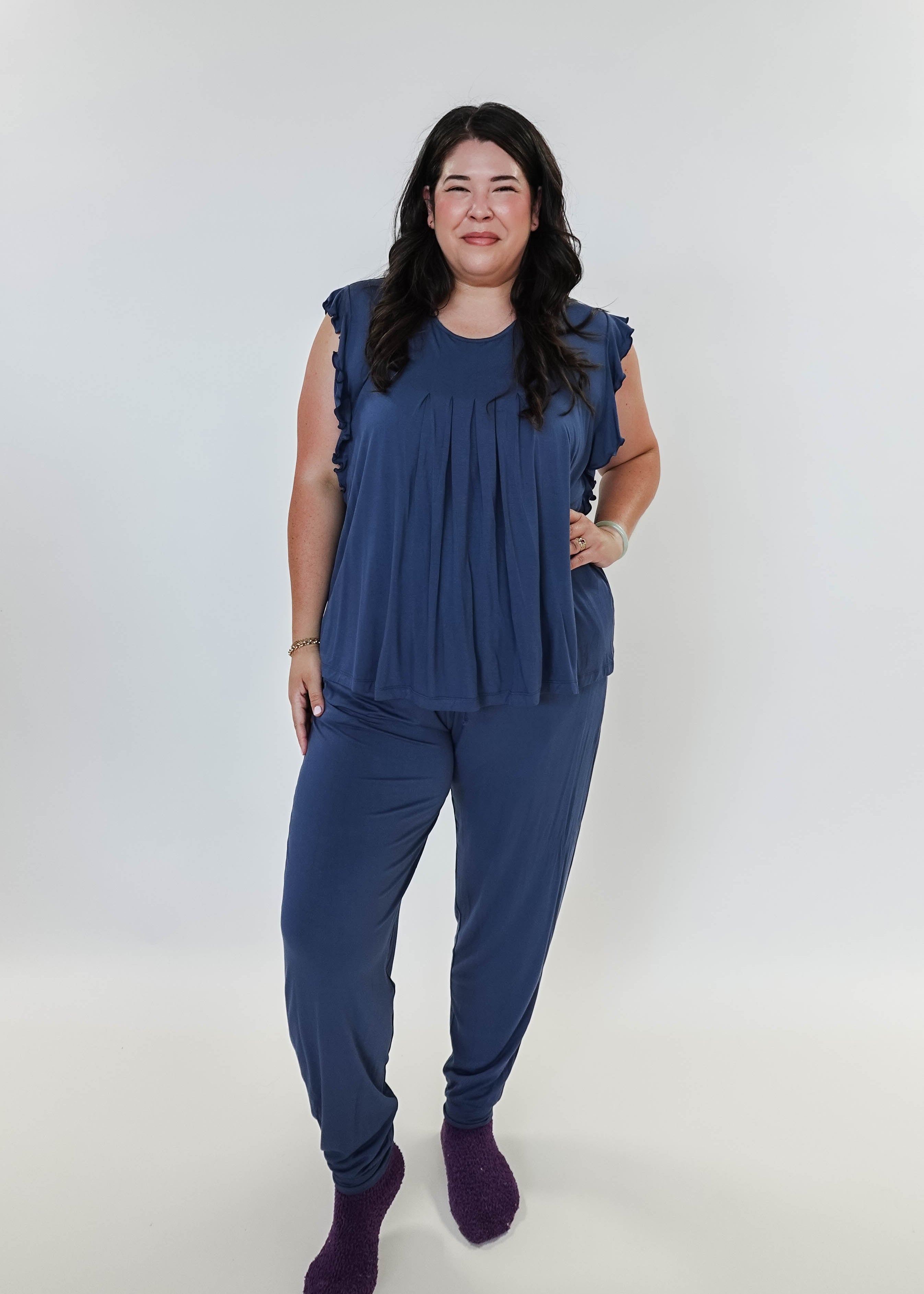 Denim Flutter Jogger Lounge PJ Set Bamboo women's denim blue lightweight bamboo loungewear set top and jogger Georgia Rylan