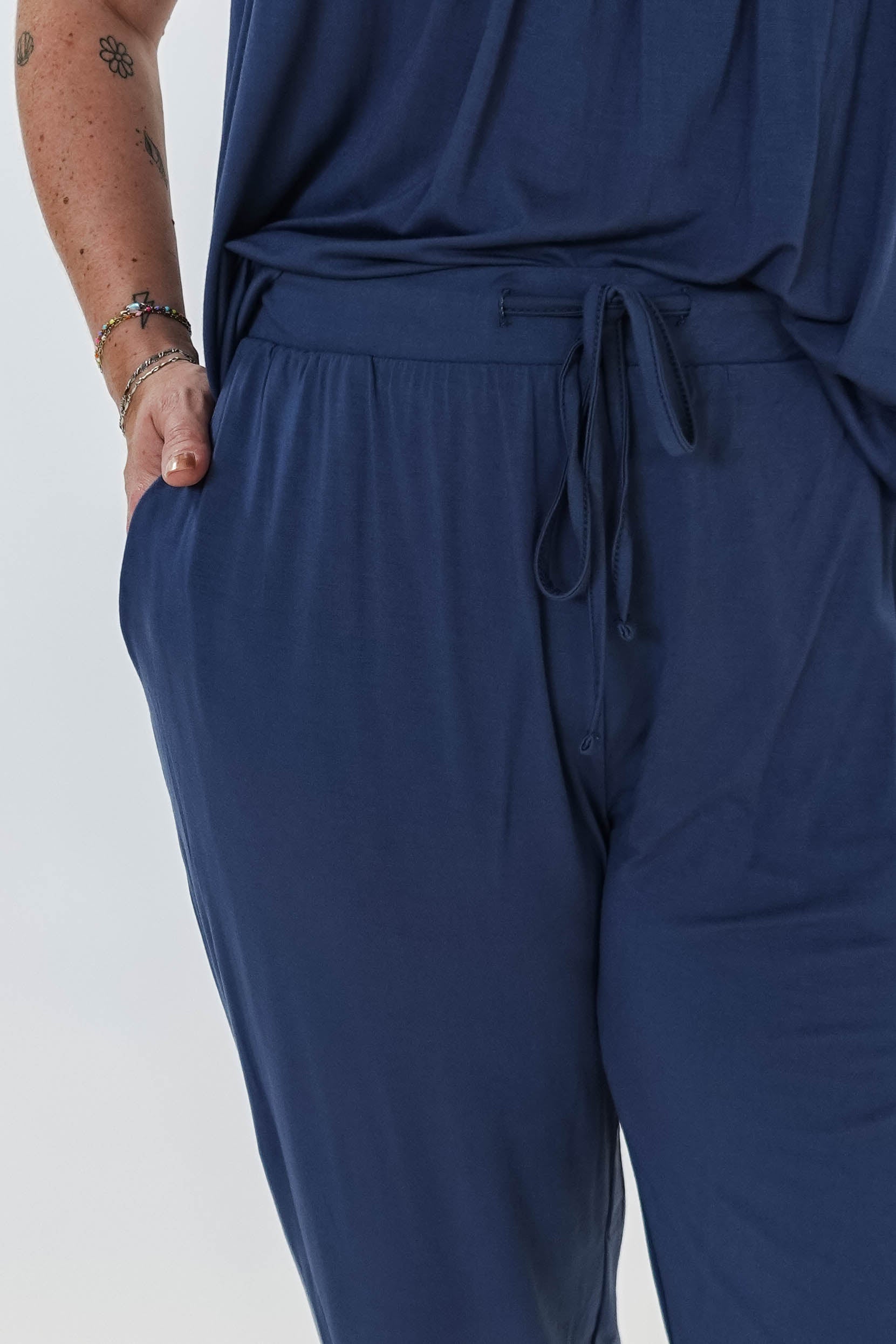 Denim Flutter Jogger Lounge PJ Set Bamboo showing drawstring and pocket details