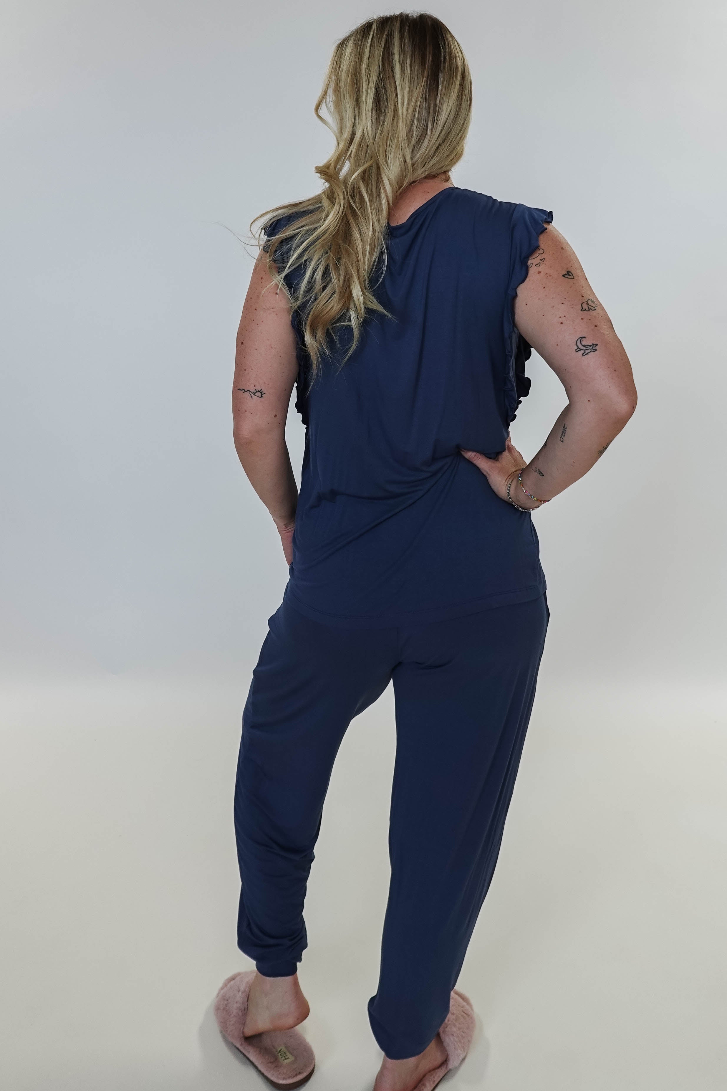 Denim Flutter Jogger Lounge PJ Set Bamboo back view
