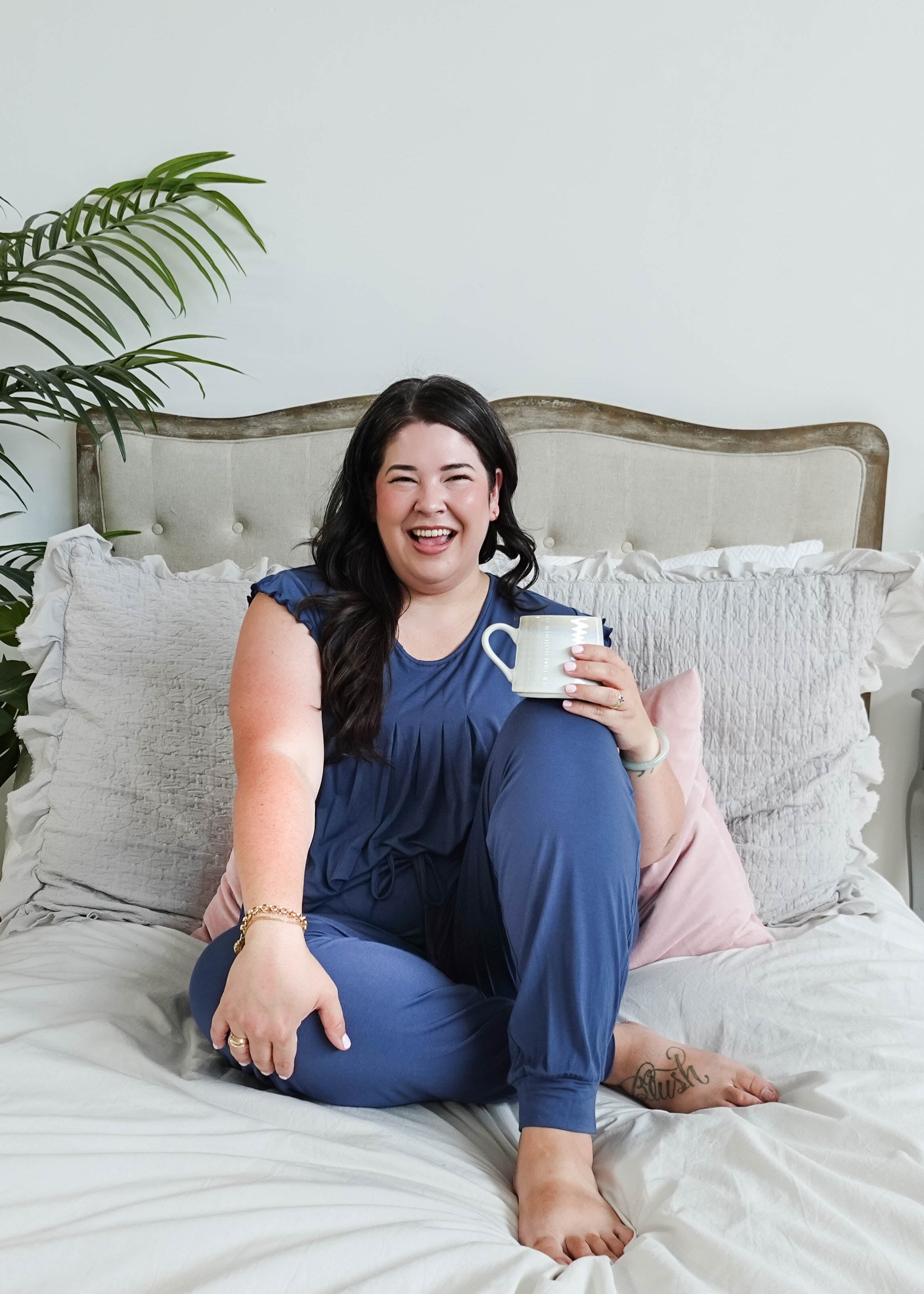 Denim Flutter Jogger Lounge PJ Set Bamboo women's denim blue lightweight bamboo loungewear set top and jogger Georgia Rylan