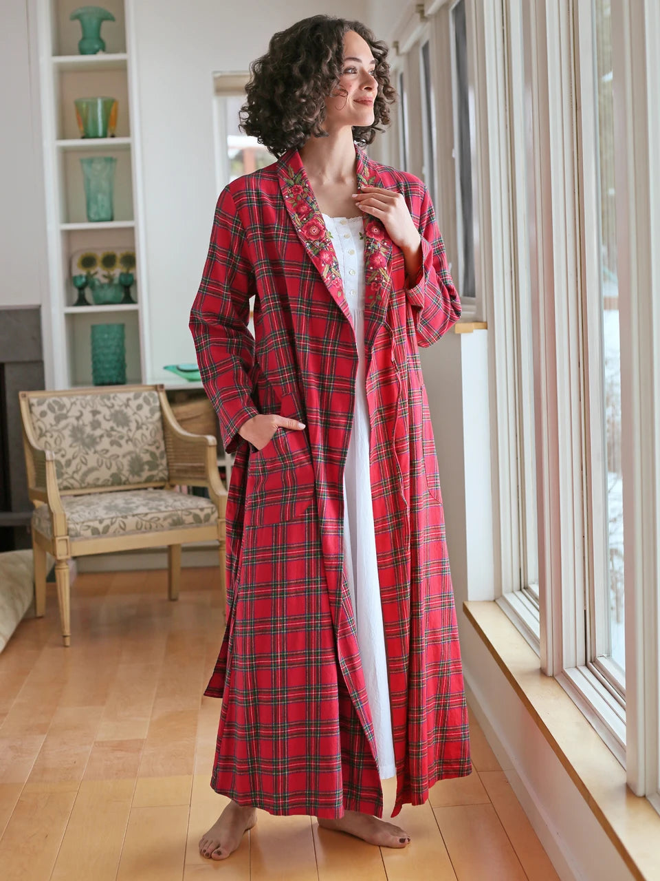 April Cornell Fireside Red Plaid Flannel Dressing Gown front view on model — Cloud Nine Pajamas Edmonton
