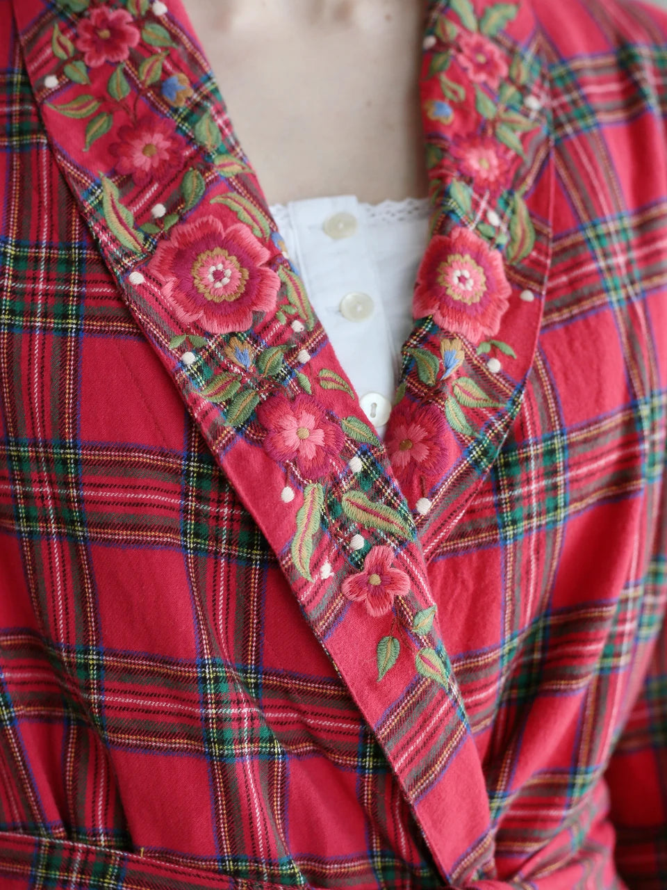 April Cornell Fireside Robe hand-guided floral embroidery lapel detail — Cloud Nine Pajamas