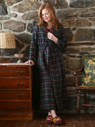 April Cornell Saratoga Blue Plaid Flannel Robe Dressing Gown front view on model — Cloud Nine Pajamas Edmonton