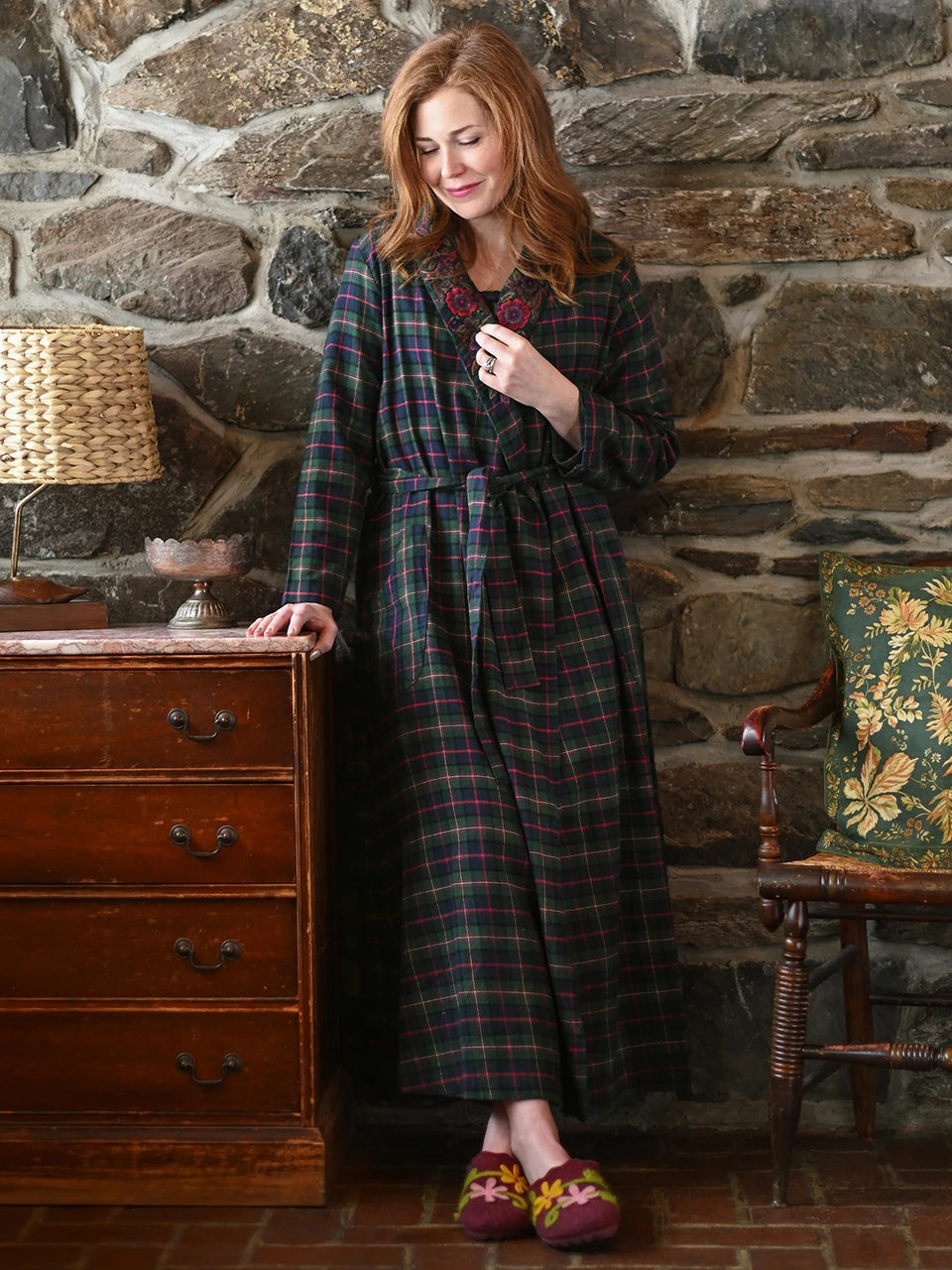 April Cornell Saratoga Blue Plaid Flannel Robe Dressing Gown front view on model — Cloud Nine Pajamas Edmonton