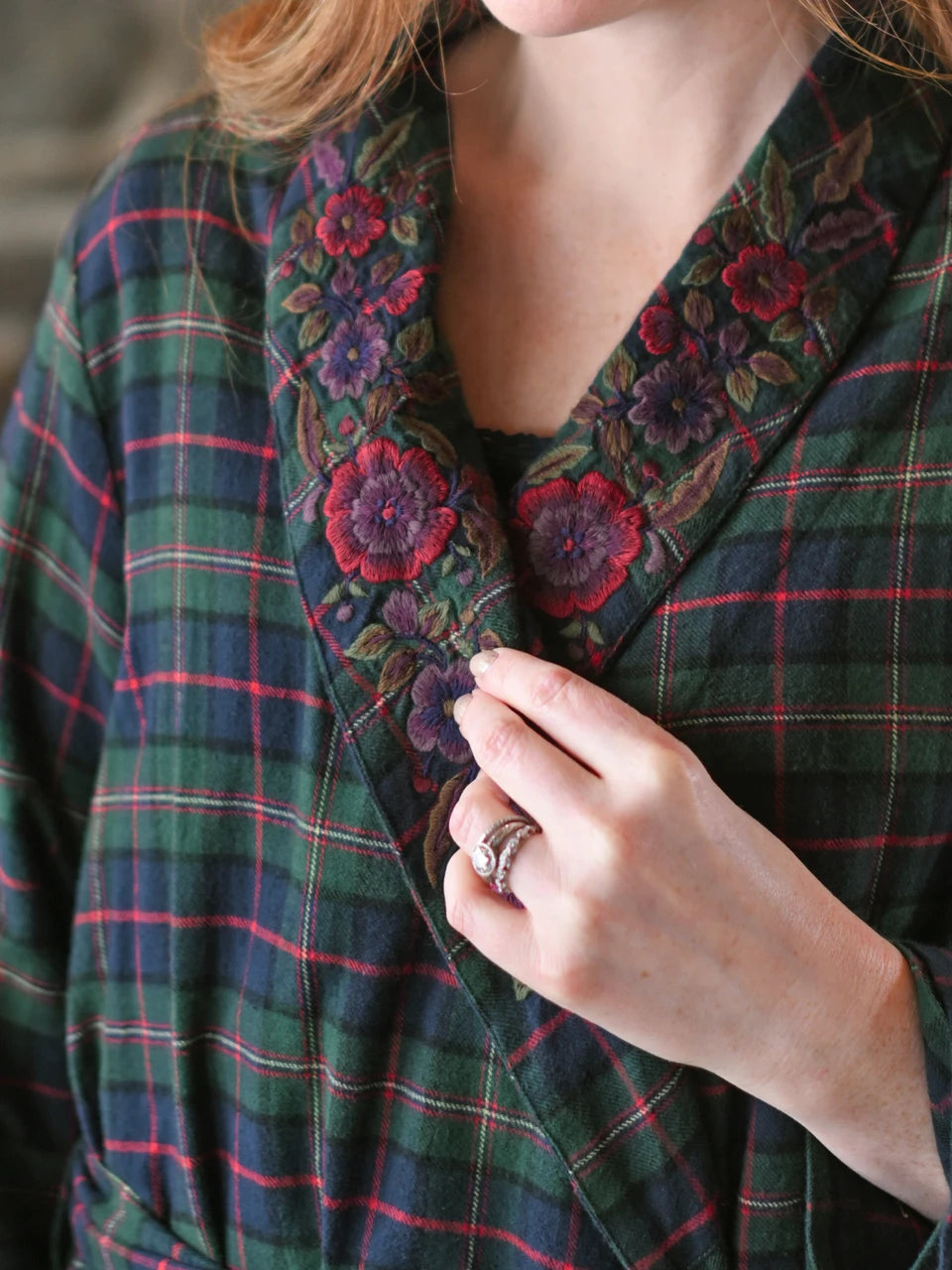April Cornell Saratoga Dressing Gown hand-guided floral embroidery lapel detail — Cloud Nine Pajamas