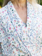 April Cornell Chelsea Cotton Dressing Gown – Victorian Embroidered White Robe with Pockets showing closeup of floral pattern details