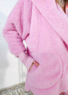 Essential Hooded Fluffy Cozy Cardigan with Pockets in soft pink with large pocket and hood