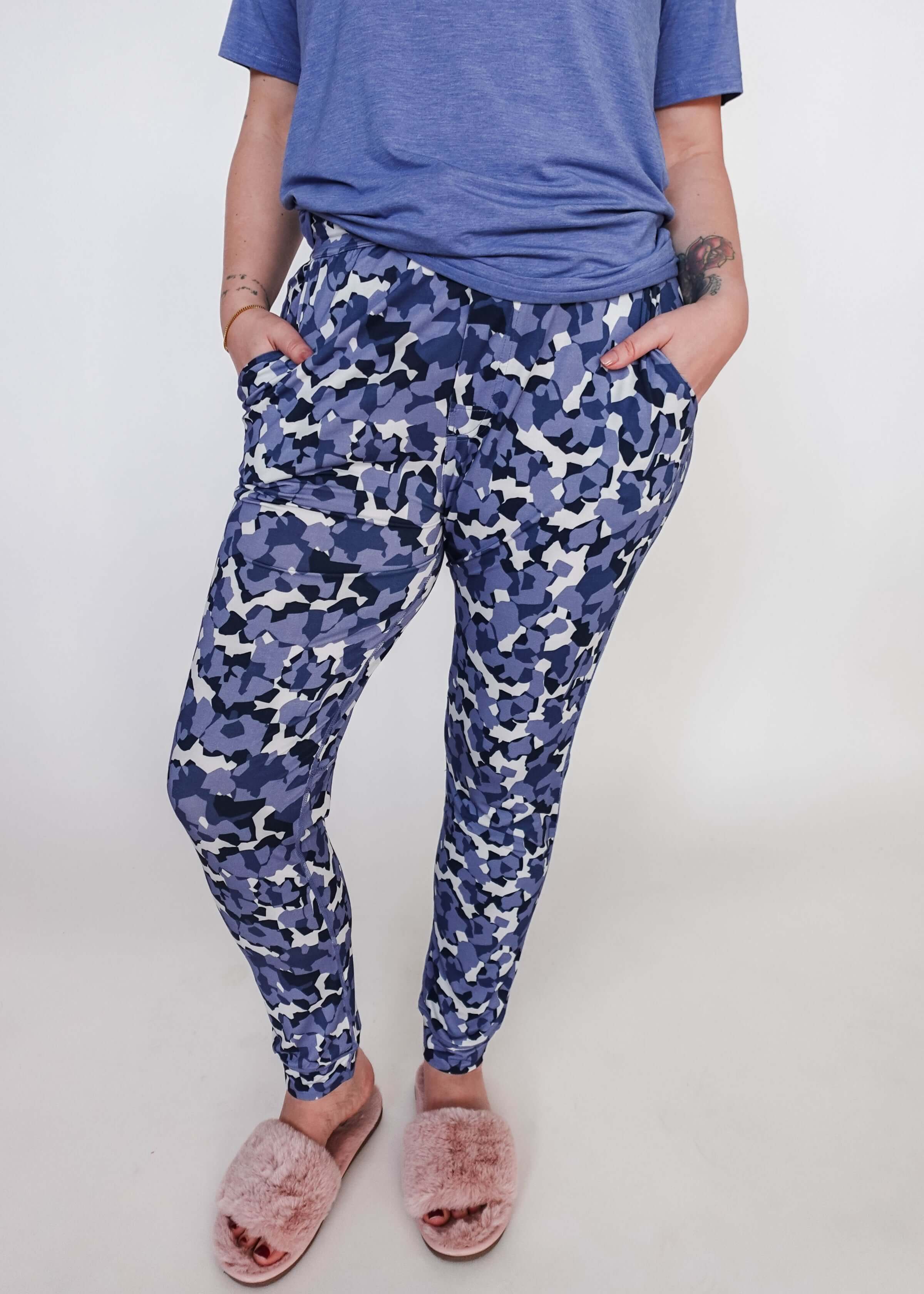 Geo Camo Print Unisex Jogger Pant Bamboo model showcasing comfort and style with pockets and unique geometric camouflage design.