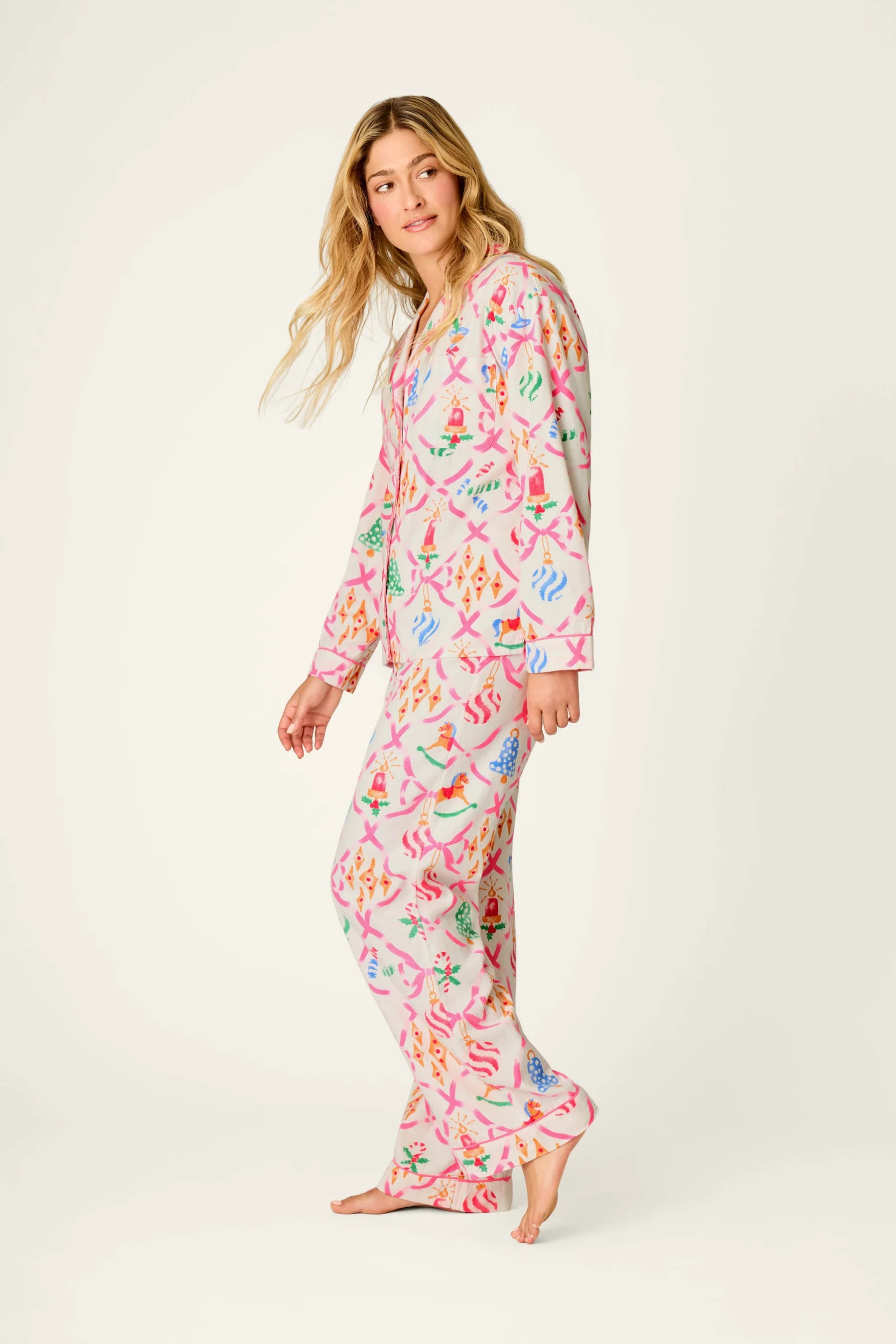 PJ Salvage Deck the Halls Flannel Set model full length side view  — Cloud Nine Pajamas Edmonton