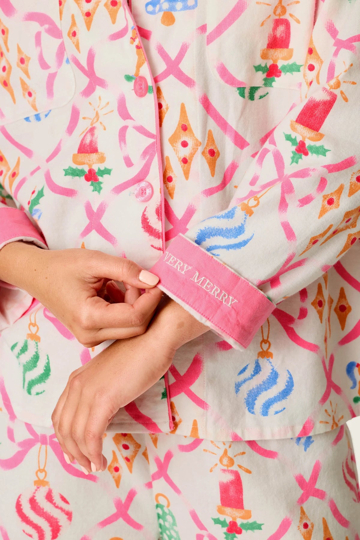 PJ Salvage Deck the Halls Flannel Set Very Merry embroidered contrast cuffs detail — Cloud Nine Pajamas